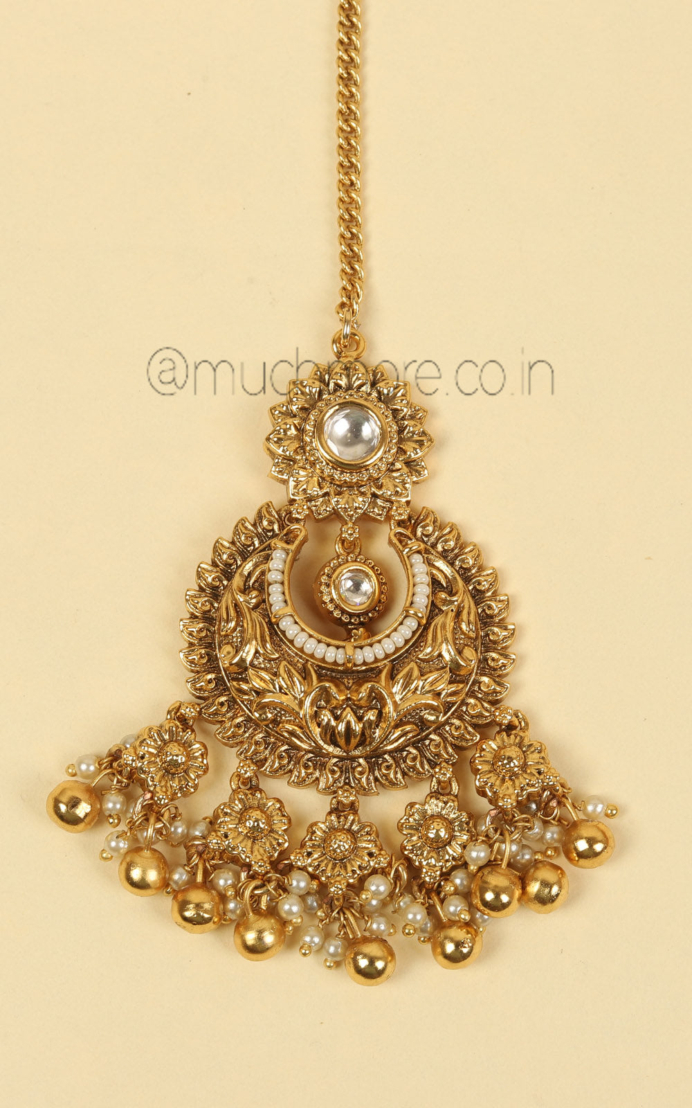 Chandbali Style Gold Look Pearl Maang Tikka In Kundan