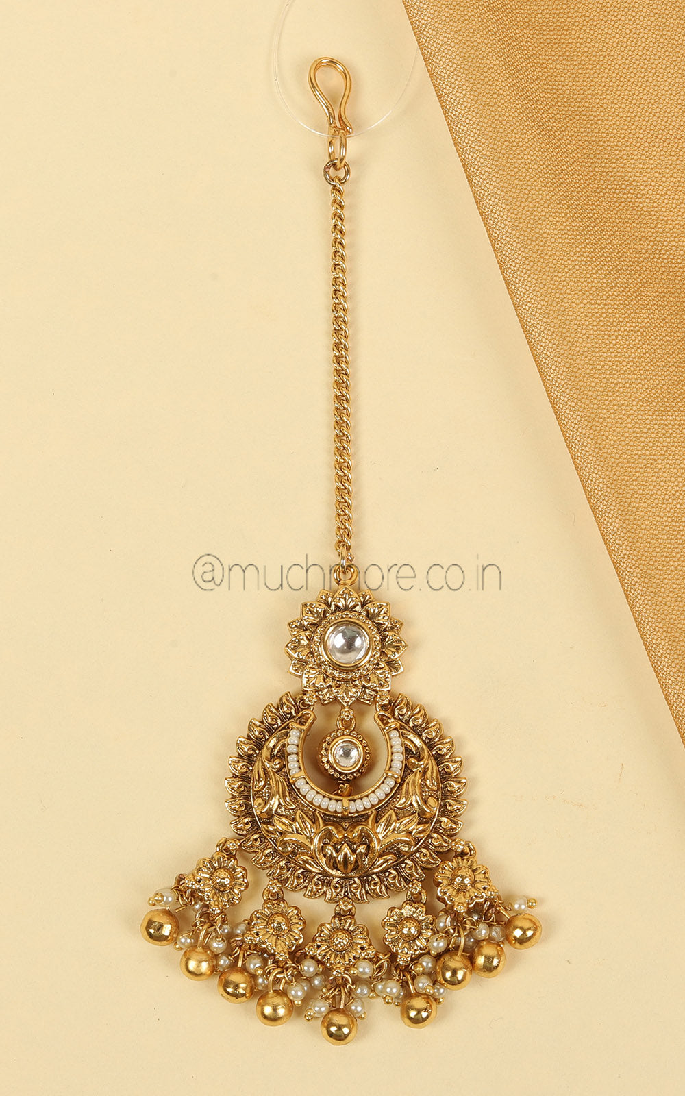 Chandbali Style Gold Look Pearl Maang Tikka In Kundan