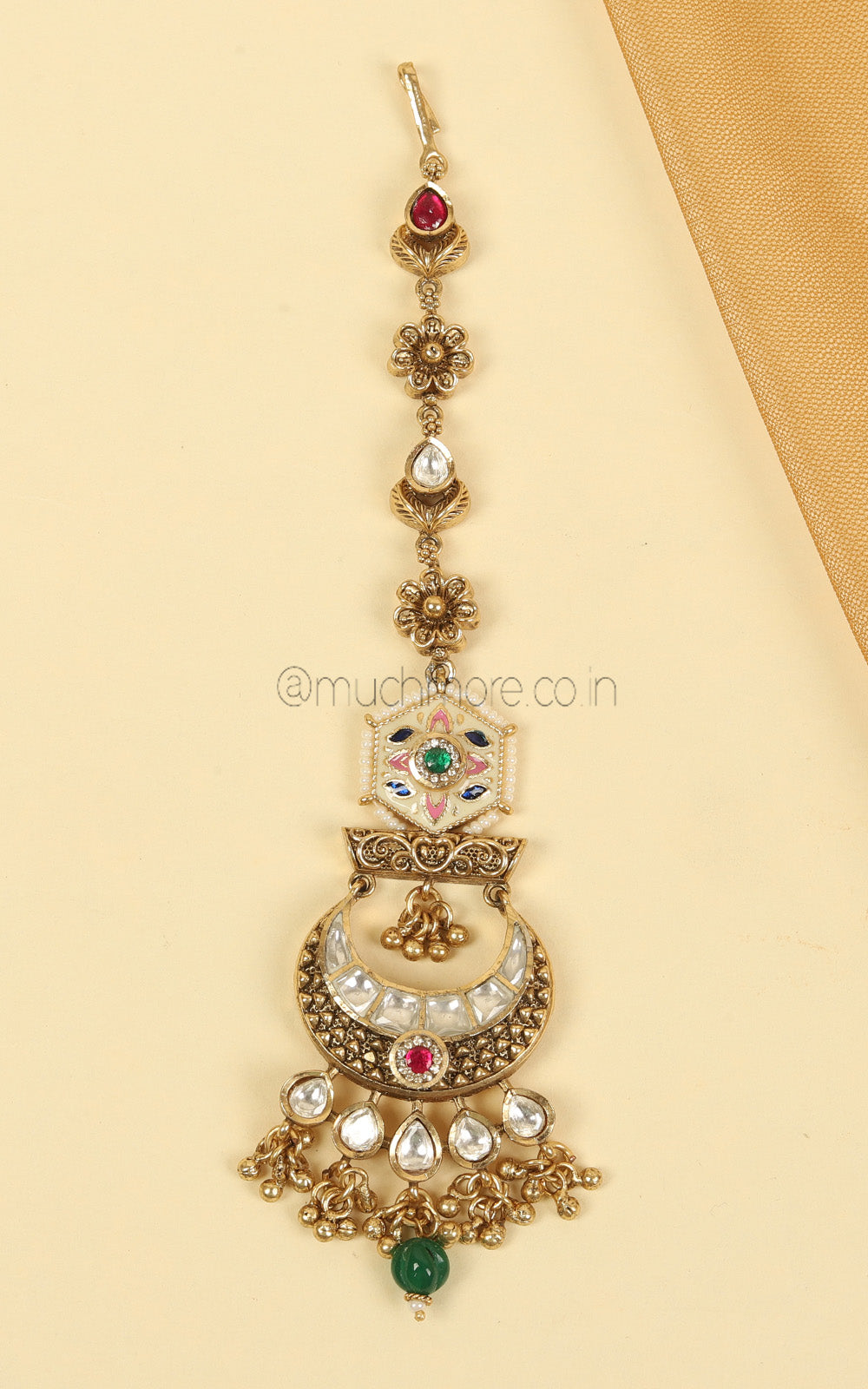 Antique Gold Polish Meenakari Ruby Green Maang Tikka