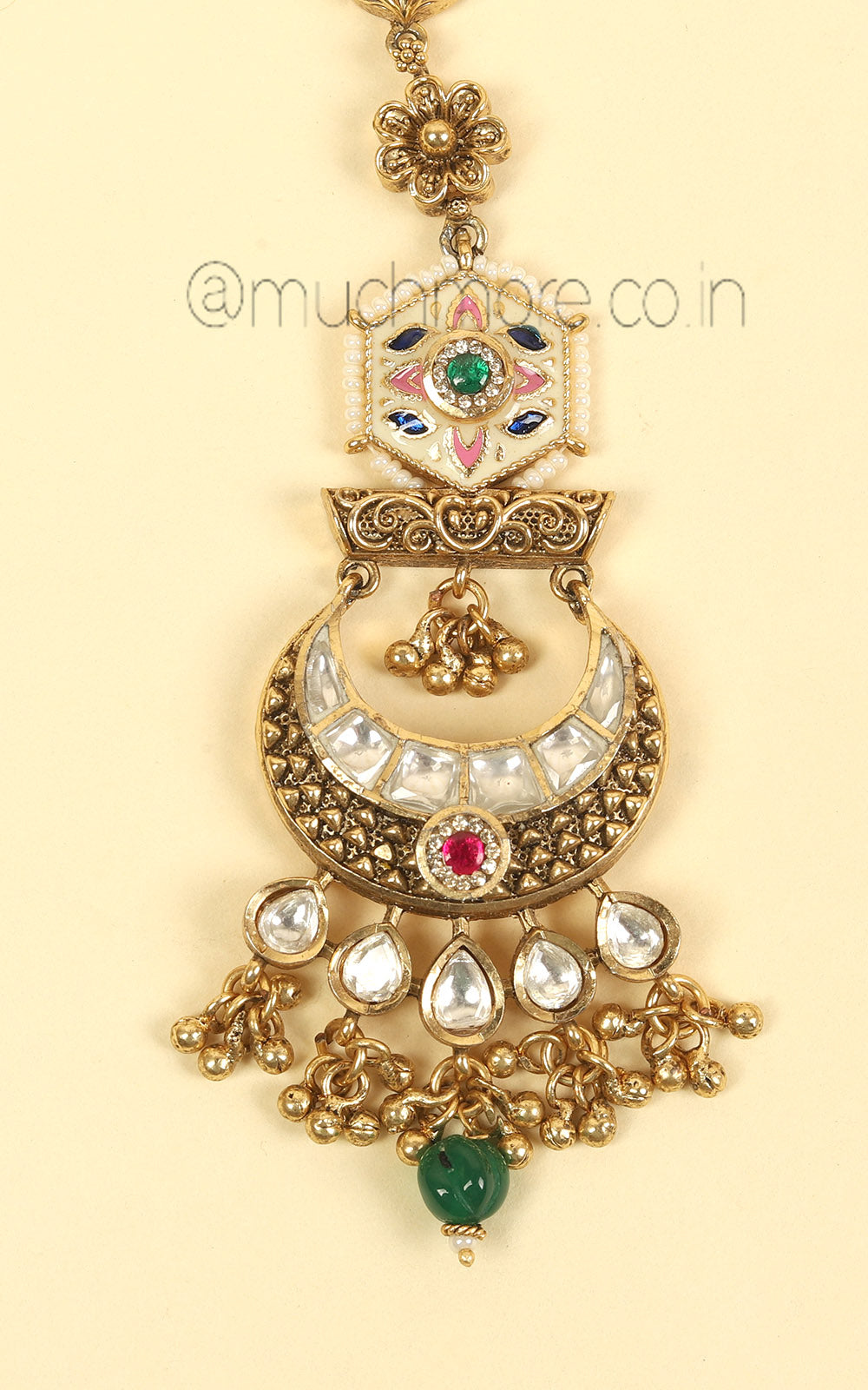 Antique Gold Polish Meenakari Ruby Green Maang Tikka