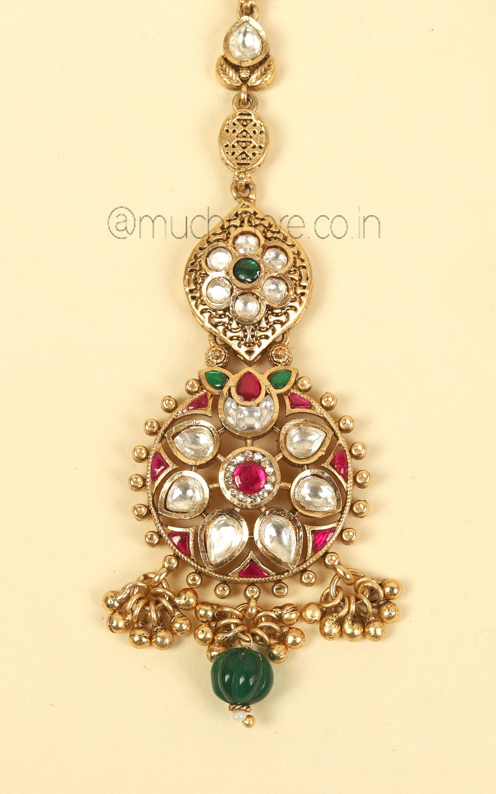 Ruby Green Dull Gold Polish Maang Tikka With Kundan For Brides