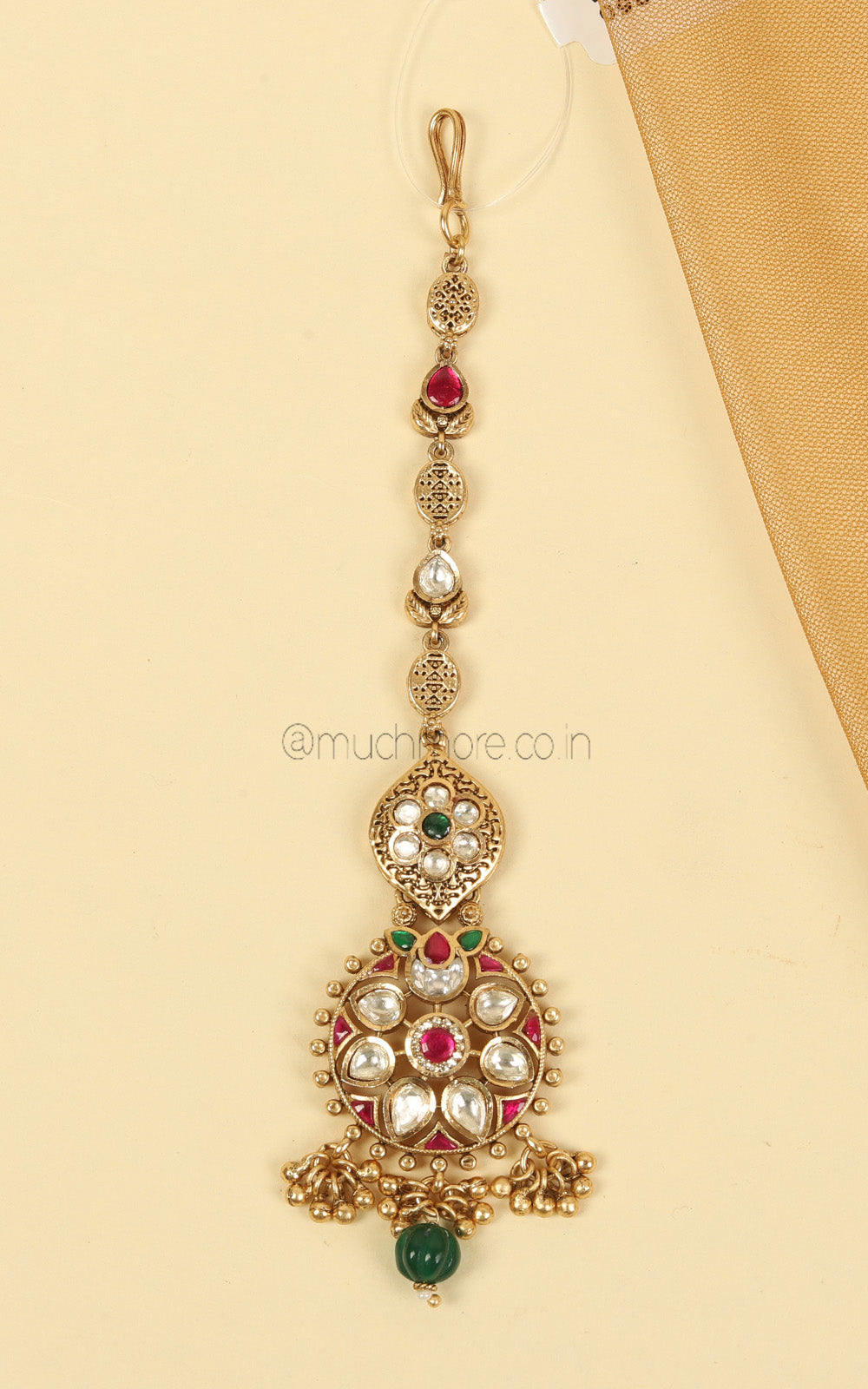 Ruby Green Dull Gold Polish Maang Tikka With Kundan For Brides