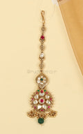 Ruby Green Dull Gold Polish Maang Tikka With Kundan For Brides