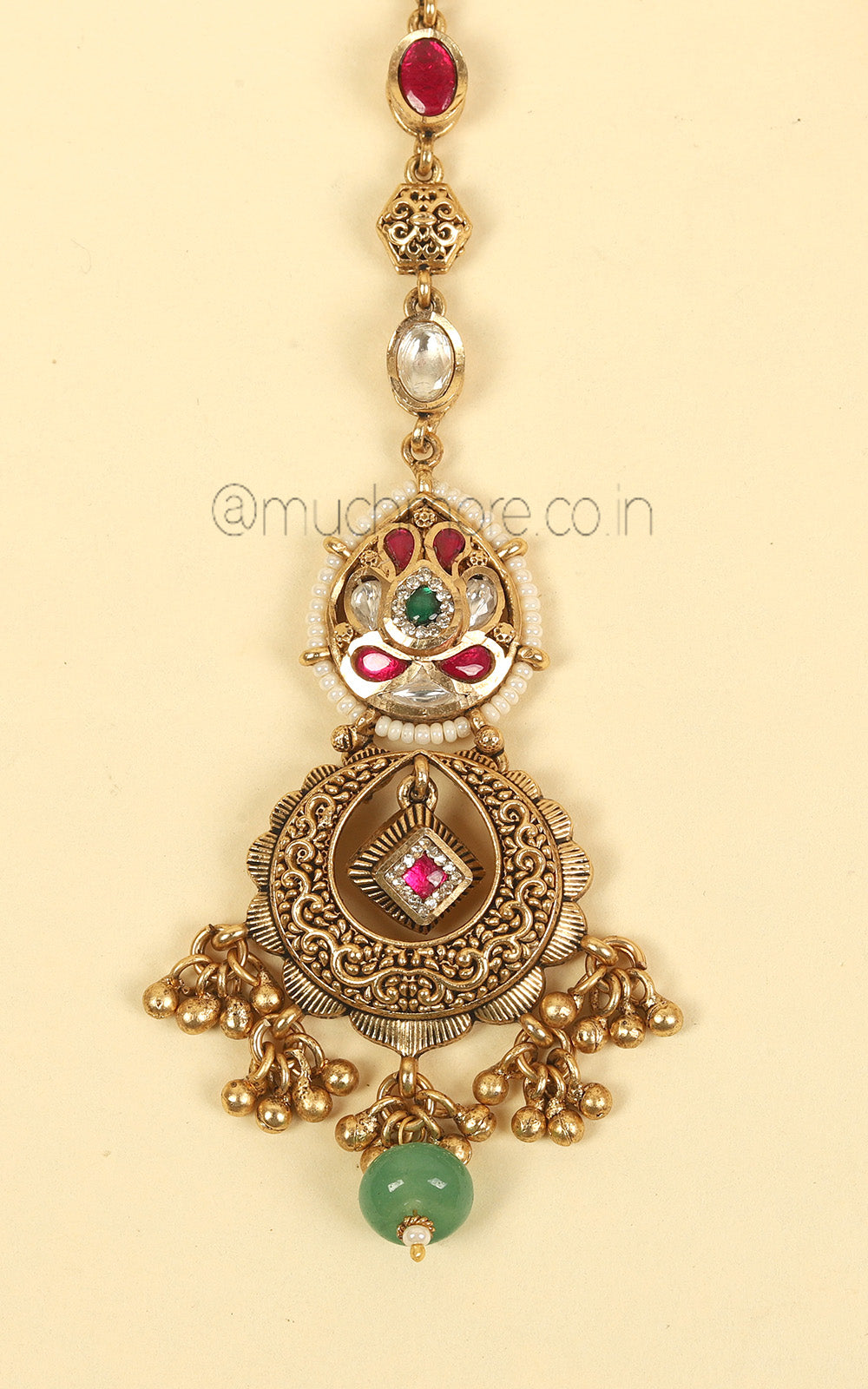 Much More Ruby Green Gold Polish Maang Tikka With Kundan