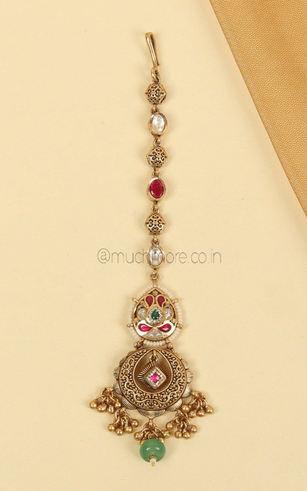 Much More Ruby Green Gold Polish Maang Tikka With Kundan