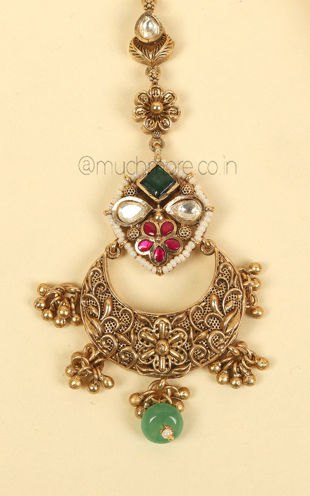 Gold Polish Ruby Green Maang Tikka Online For Festive Wear