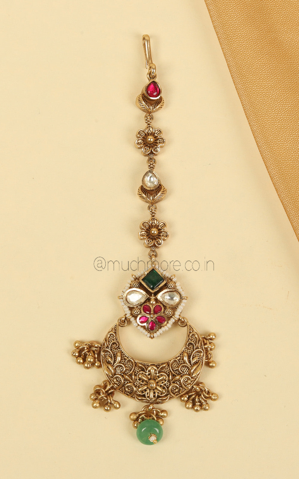 Gold Polish Ruby Green Maang Tikka Online For Festive Wear