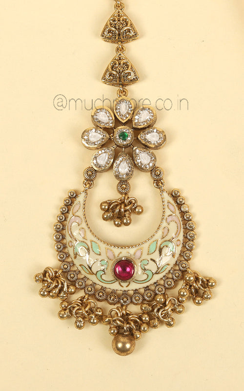 Chandbali Pattern Meenkari Maang Tikka For Bride To Be