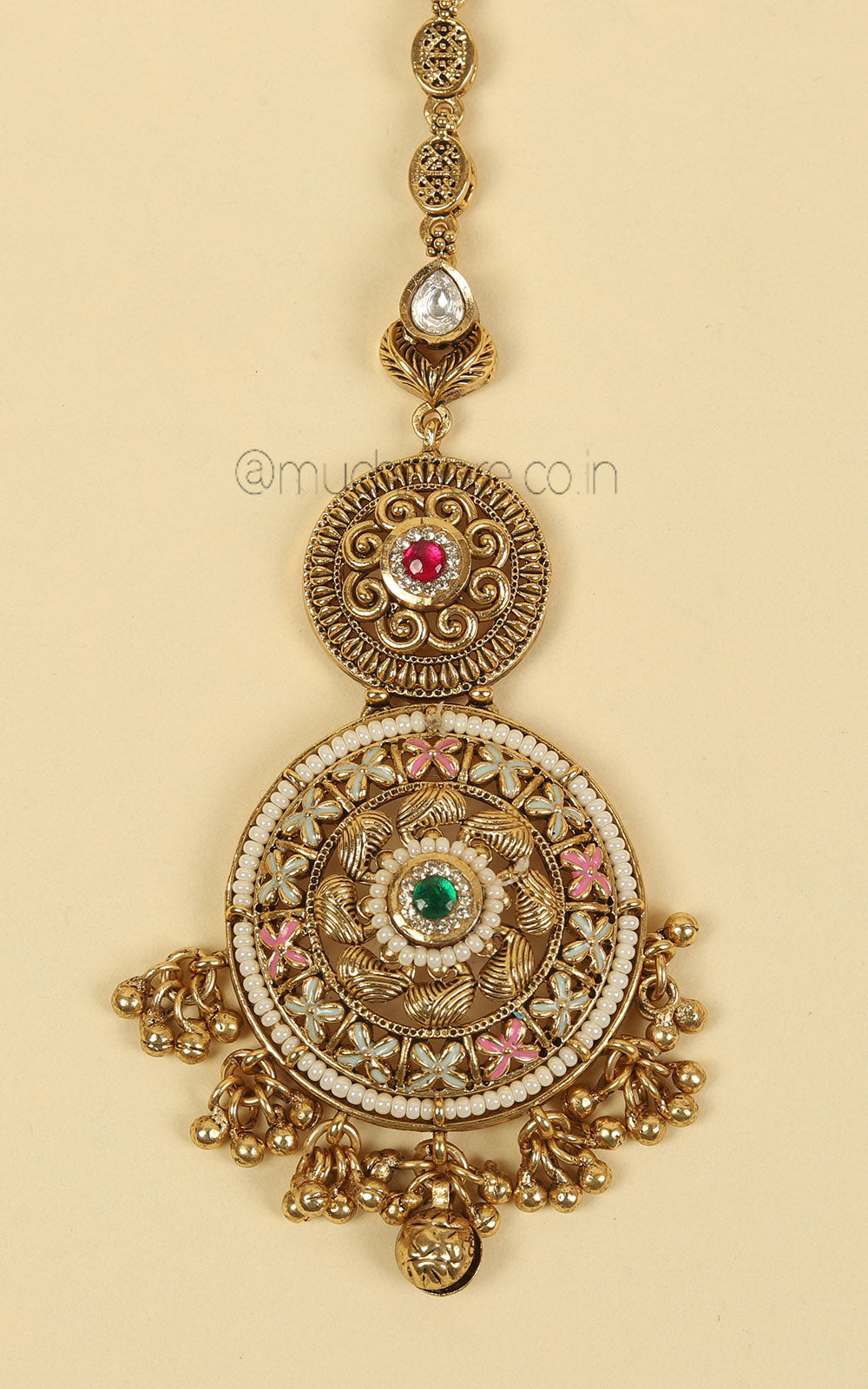 Emerald Green Pink Dull Gold Polish Round Gold Look Maang Tikka