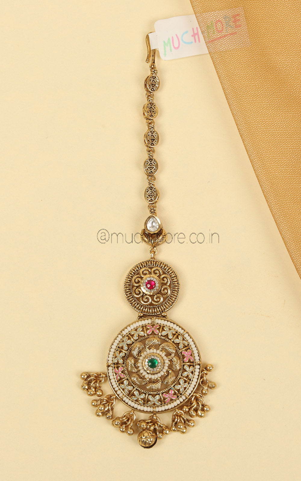 Emerald Green Pink Dull Gold Polish Round Gold Look Maang Tikka