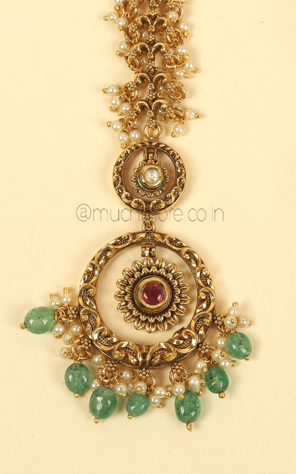 Green Droplets Cute And Designer Gold Look Ruby Maang Tikka