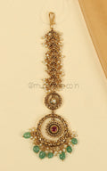 Green Droplets Cute And Designer Gold Look Ruby Maang Tikka