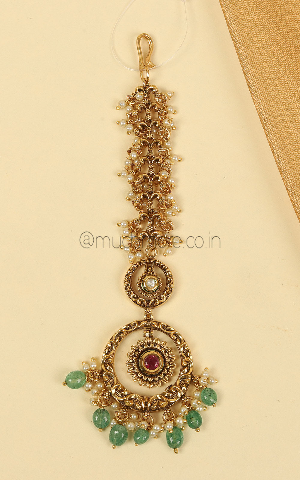 Green Droplets Cute And Designer Gold Look Ruby Maang Tikka