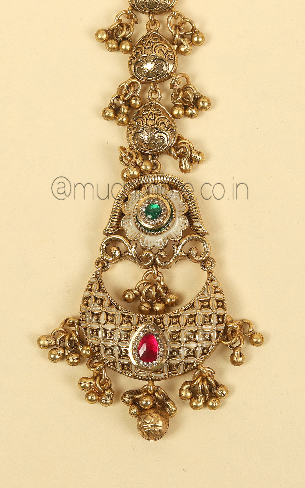 Real Gold Look Ruby Green Dull Gold Polish Maang Tikka