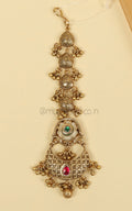 Real Gold Look Ruby Green Dull Gold Polish Maang Tikka
