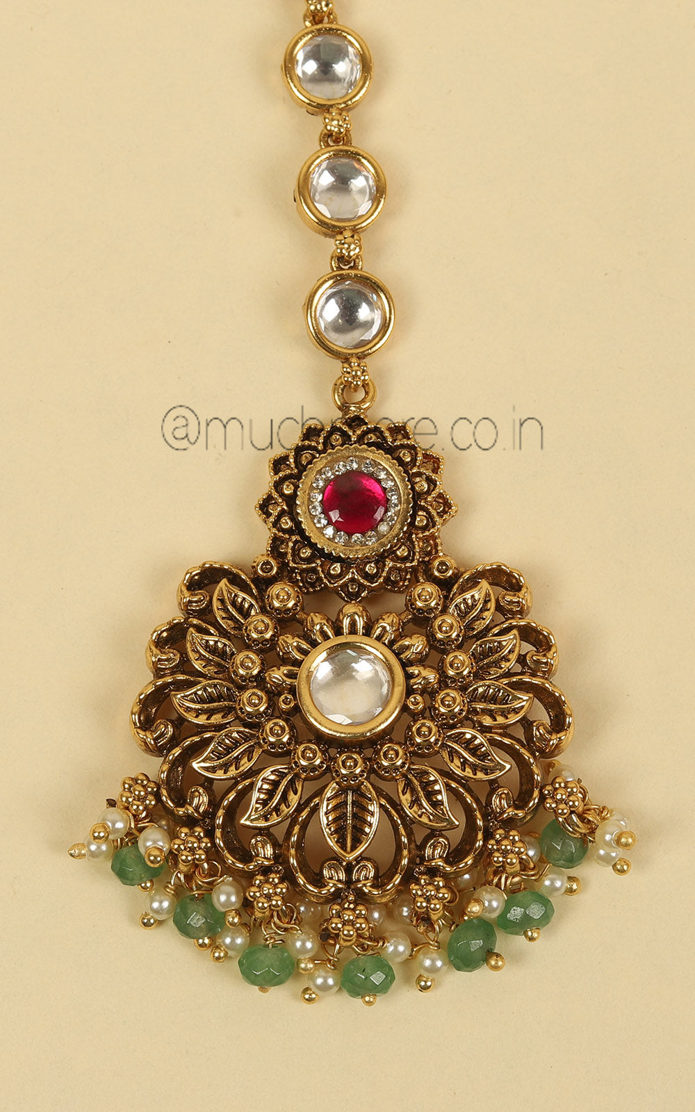 Ruby Green round Carving Work Antique Gold Polish Maang Tikka