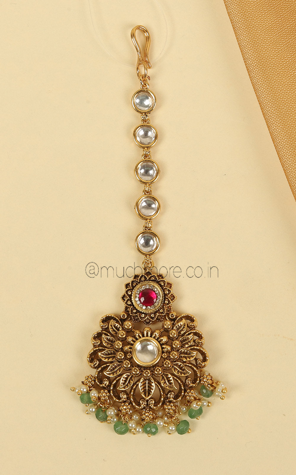 Ruby Green round Carving Work Antique Gold Polish Maang Tikka