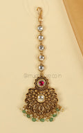 Ruby Green round Carving Work Antique Gold Polish Maang Tikka