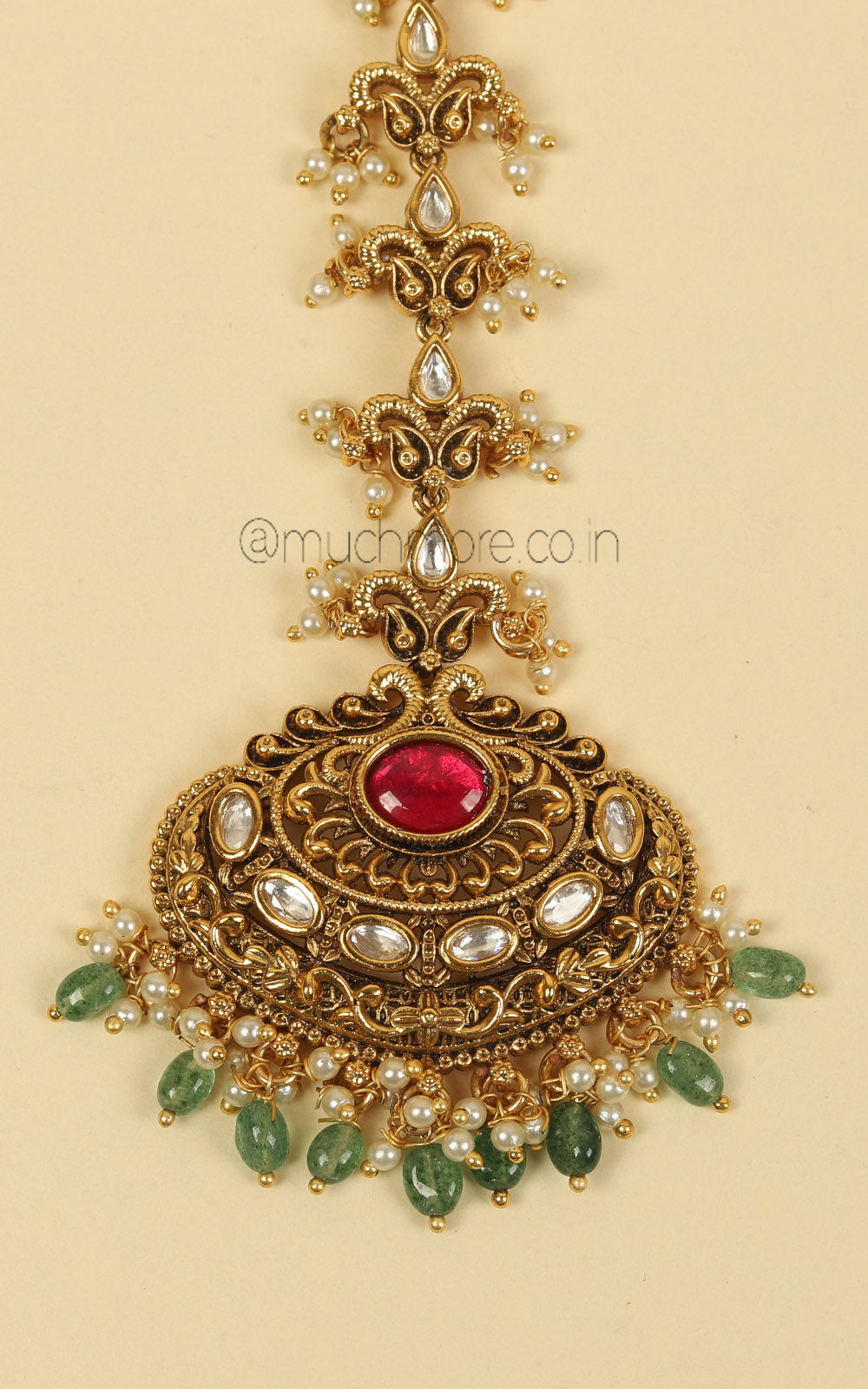 Ruby Green Kundan Designer Gold Polish Maang Tikka