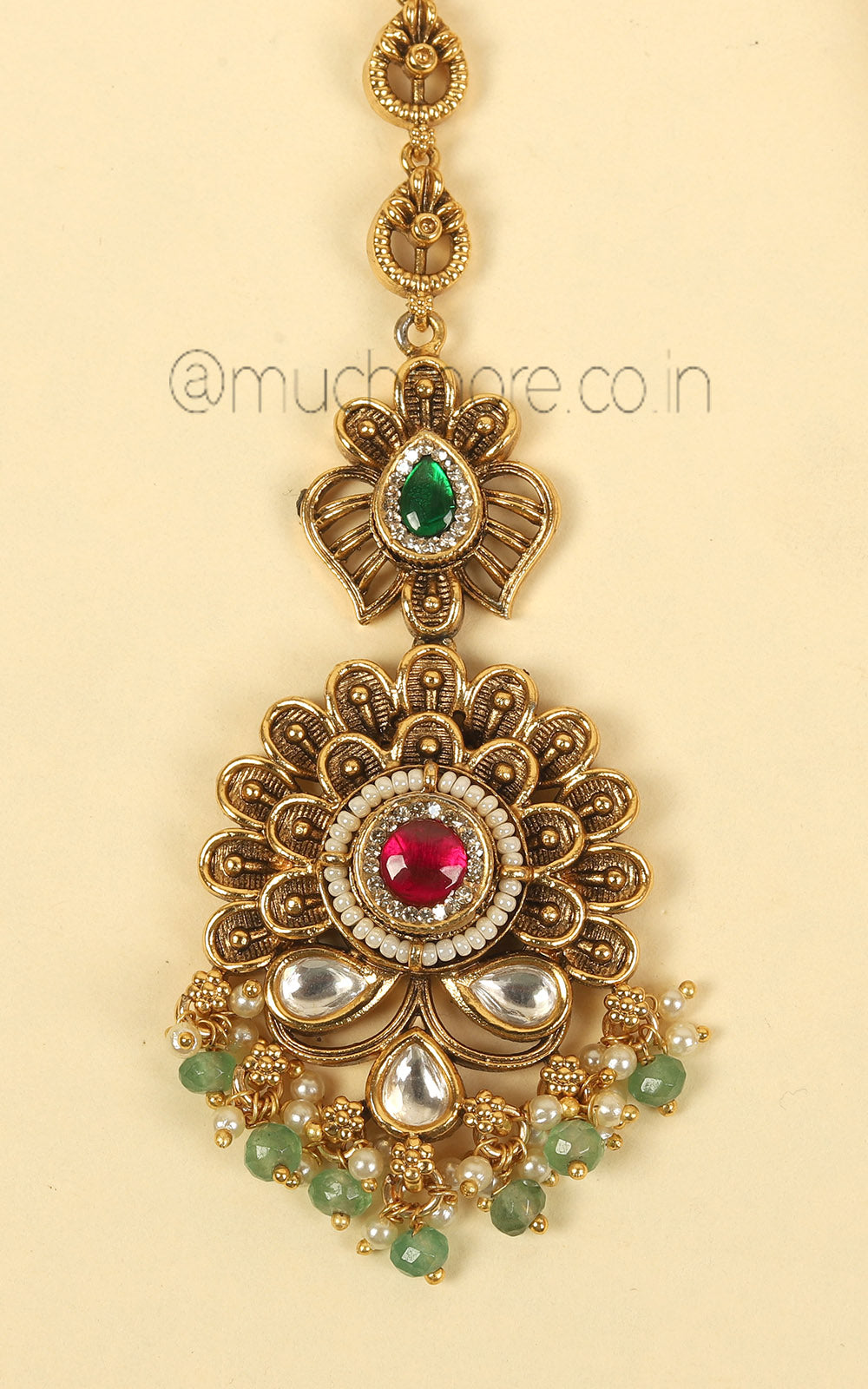 Ruby Green Gold Polish Maang Tikka For Wedding | Festivals