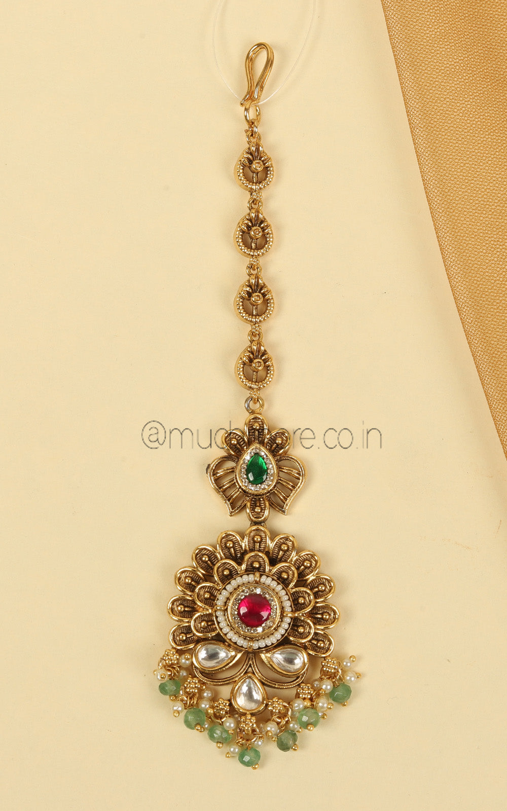 Ruby Green Gold Polish Maang Tikka For Wedding | Festivals