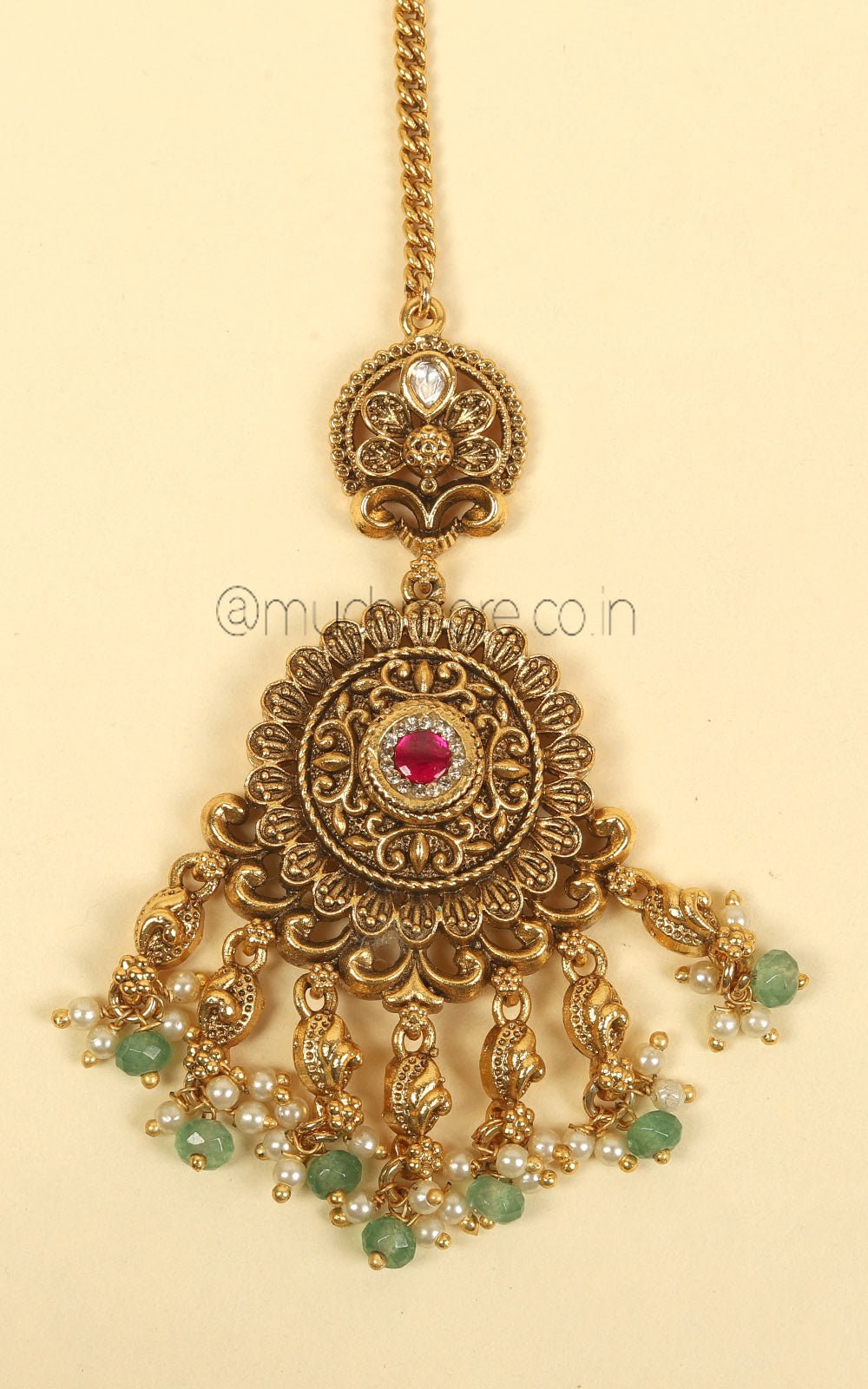 Round Shaped Ruby Color Green Hangings Gold Look Maang Tikka