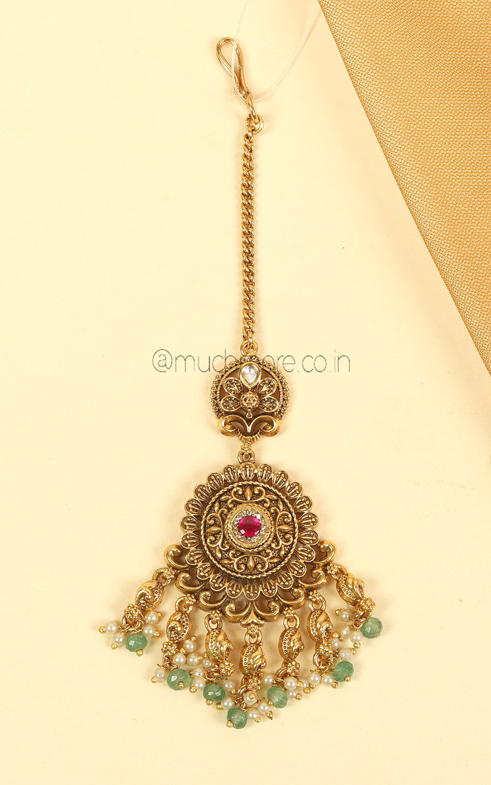Round Shaped Ruby Color Green Hangings Gold Look Maang Tikka