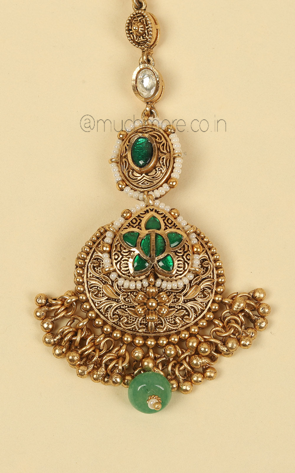 Emerald Green Gold Polish Carving Work Maang Tikka