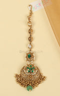 Emerald Green Gold Polish Carving Work Maang Tikka