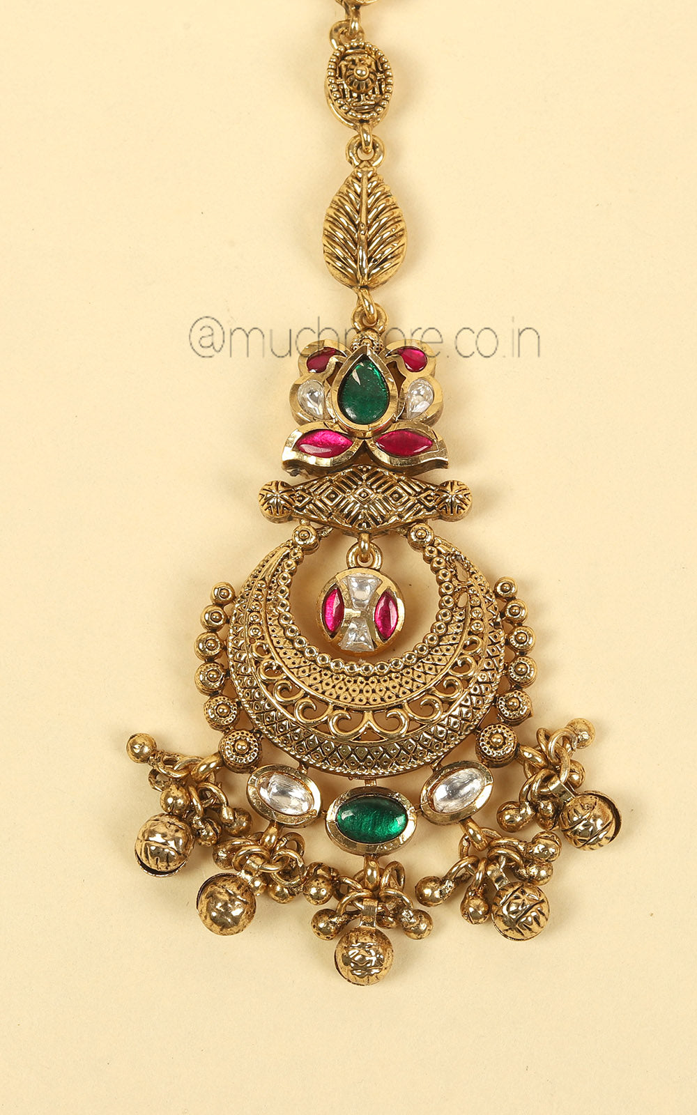 Ruby Green Gold Polish Maang Tikka Premium Ethnic Jewellery