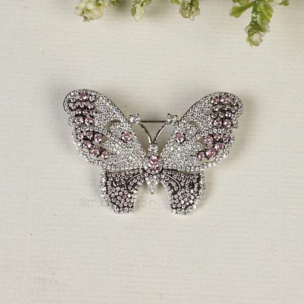 Rhodium Polish Pink Diamond Butterfly Brooch