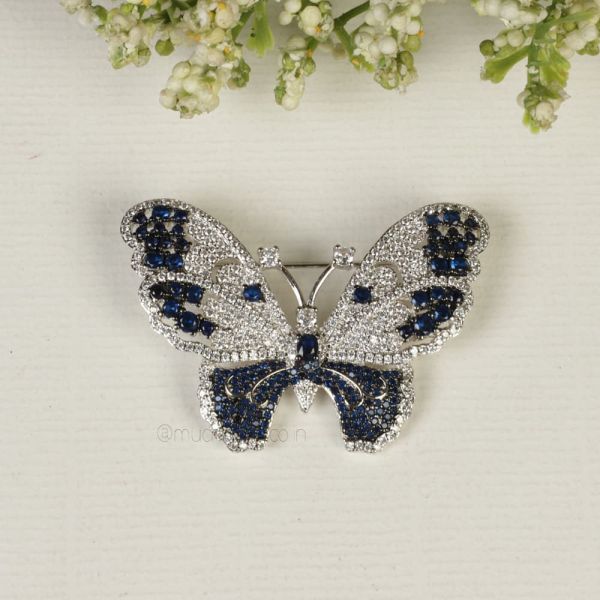 Rhodium Sapphire Blue Diamond Butterfly Brooch