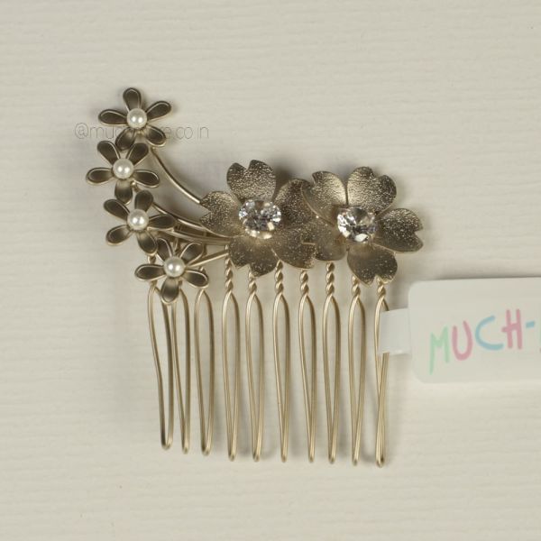 Dull Gold Tone Pearl Flower Comb Clip