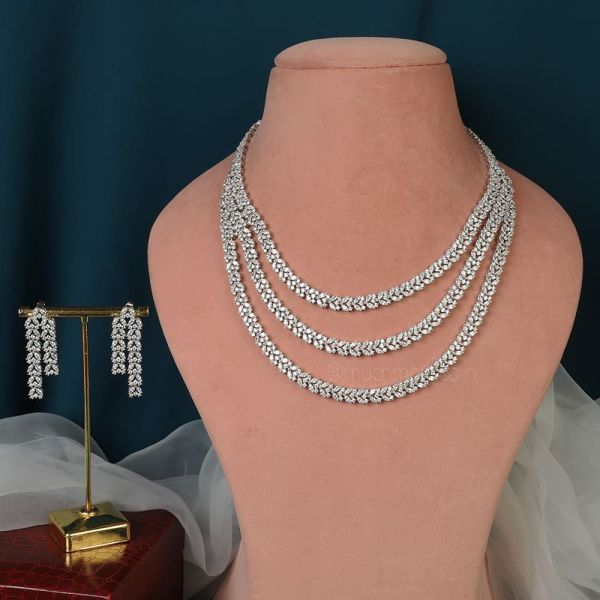 Silver Diamond Three Layers Necklace Set 