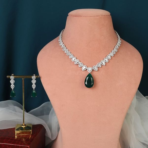 Silver Diamond Emerald Green Droplet Necklace Set 