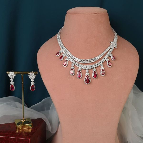 Rhodium Polish Ruby Diamonds Necklace Set