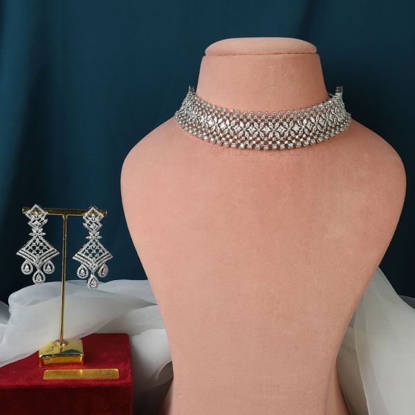 Silver Polish Artificial Diamond Choker Necklace Set