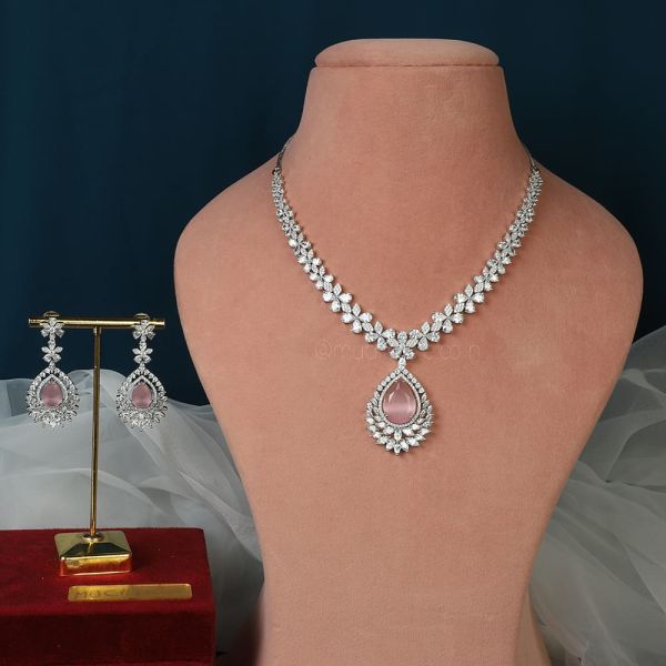 Diamond Baby Pink Color Pendant Style Necklace 
