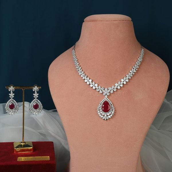 Artificial Diamond Ruby Pendant Style Necklace 