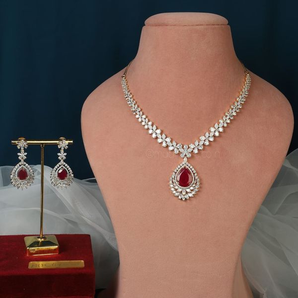 Gold Polish Ruby Diamond Necklace Earrings