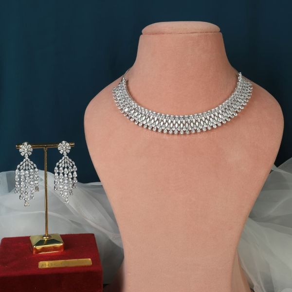 Rhodium Polish Micro Diamond Choker Necklace Set 