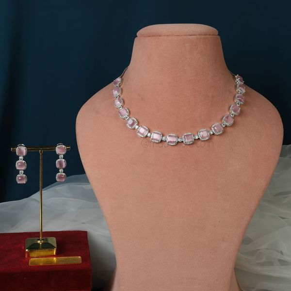 Silver And Baby Pink Single Line String Necklace Set 