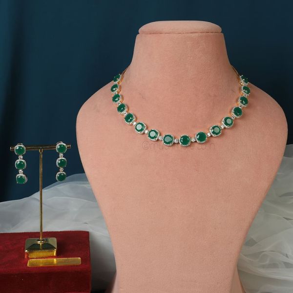 Gold Plated Emerald Green Single Line Necklace Set 