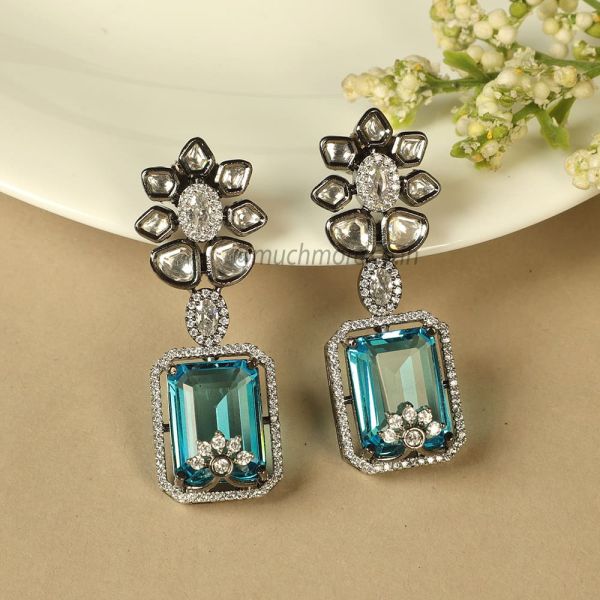 Blue Tone Silver Polish Diamond And Kundan Earrings