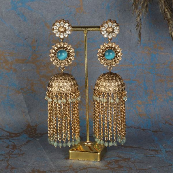 Firoza Antique Gold Polish Hanging Jhumka Earrings 