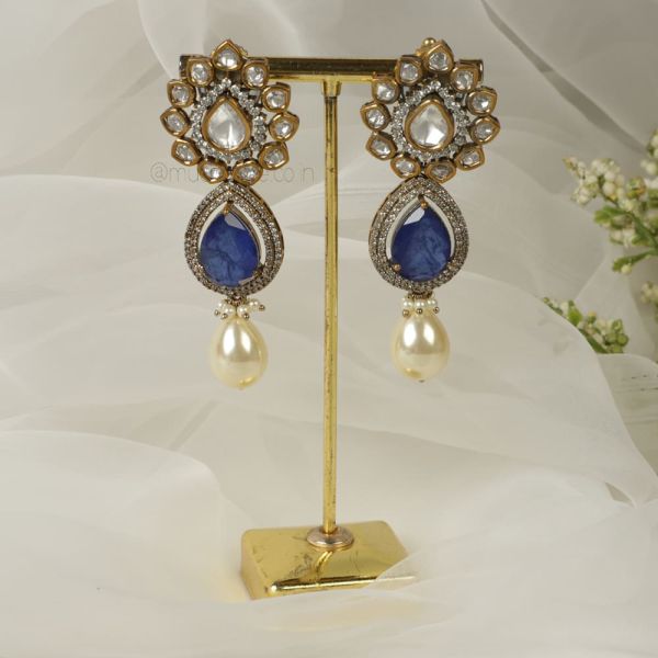 Blue Polki Silver Gold Pearl Drop Earrings 