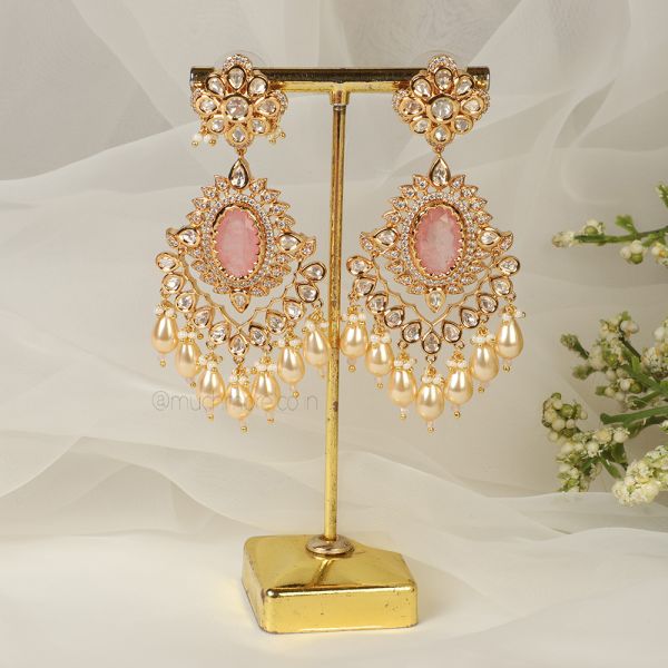 Traditional Pearl Droplets Baby Pink Kundan Earrings