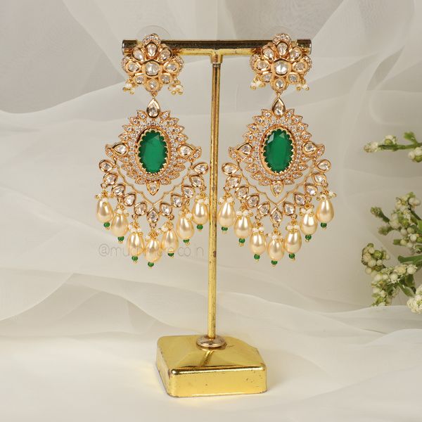 Big Pearl Drops With Emerald Studded Long Kundan Earrings