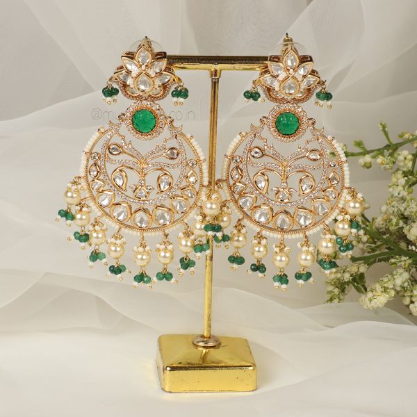 Emerald Green Beads Chandbali Style Earrings