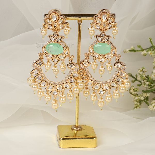 Designer Kundan Mint Green Long Hanging Earrings